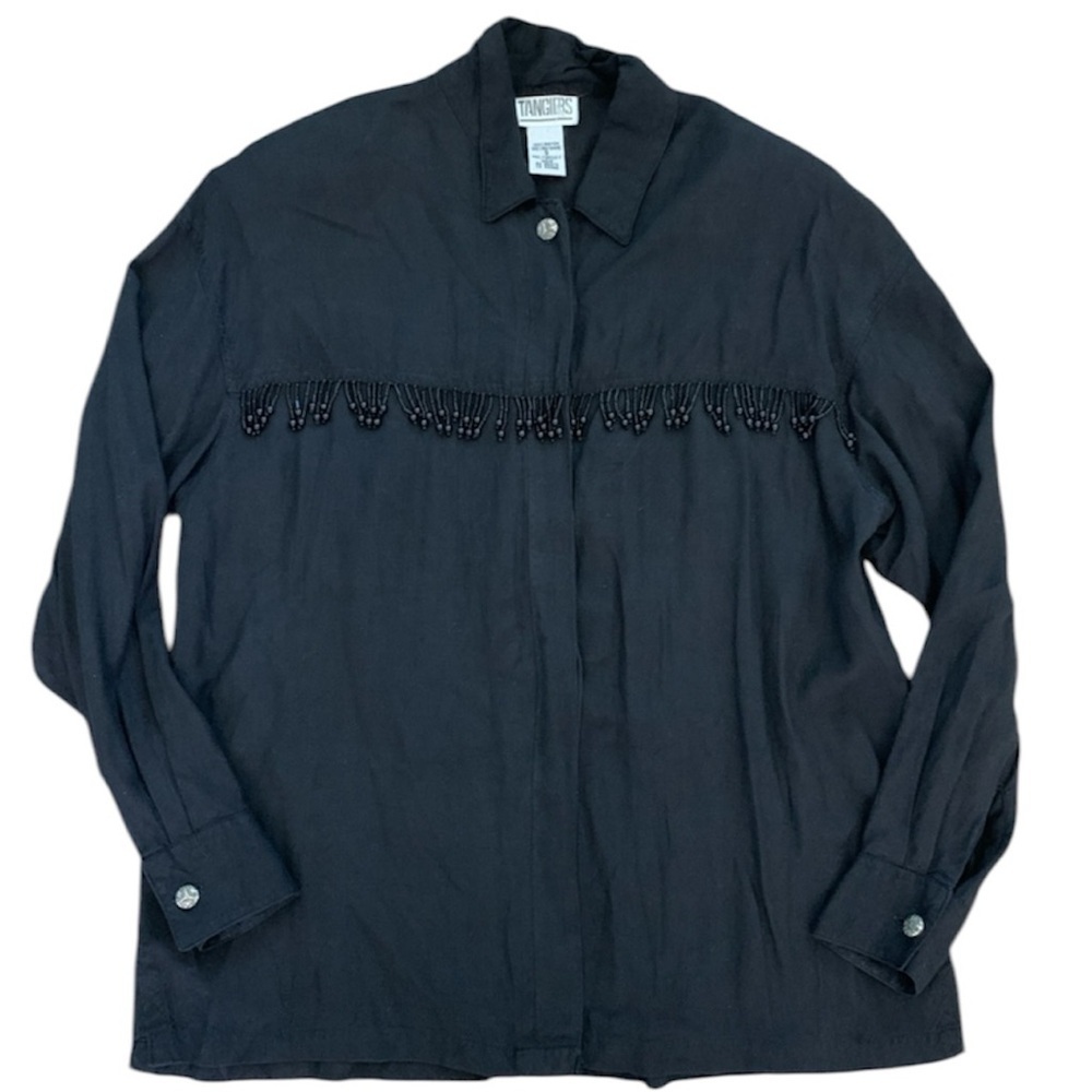 Vintage 80’s Black Beaded fringe Western Button Long Sleeve Shirt Size S…